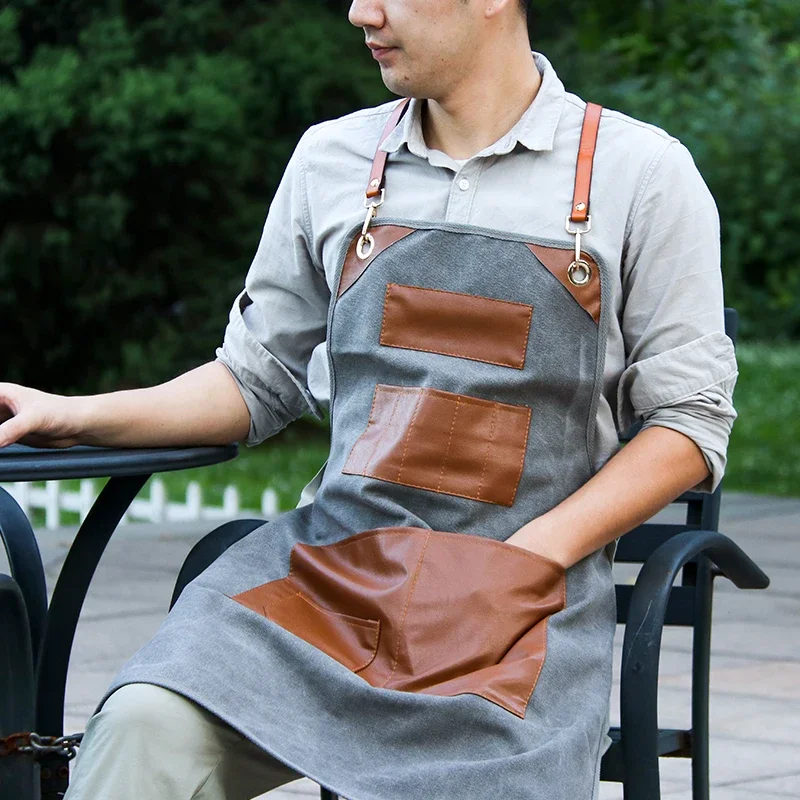 Black European Restaurant Barber Floral Artist Kitchen Men and Women Overalls Coffee Shop Nail Chef Leather Pockets Apron