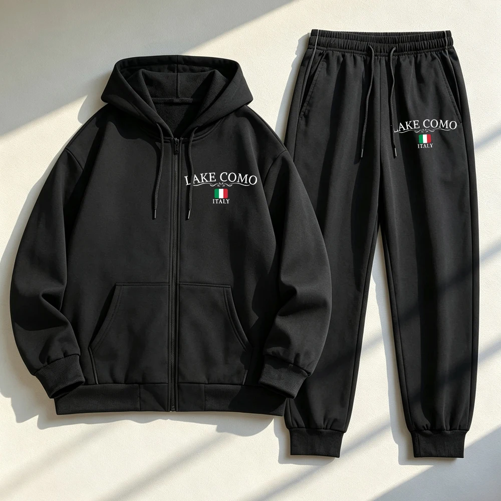 Hoodie Women Oversized - ชุดฮู้ดดี้ซิป 2 ชิ้นสำหรับผู้หญิง ลายทะเลสาบโคโม อิตาลี กางเกงวอร์มผ้าฟลีซโอเวอร์ไซส์สำหรับฤดูหนาว
