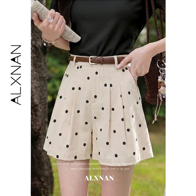 ALXNAN Khaki Polka Dot Shorts Women 2026 Summer High Waist A-line Loose-fit Casual Shorts New Fashion Female Short Pants L66203A