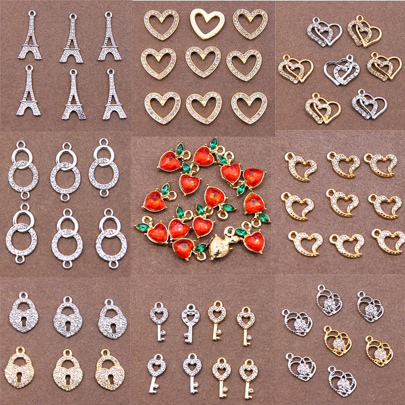 6PCS/Lots A variety of styles Eiffel Tower Small rhine stones Pendants Heart Crystal Charms for Jewelry DIY Making Accessories