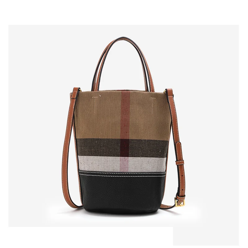 Canvas Handbag, Fashionable Bucket Bag, 2024 New Plaid Shoulder Crossbody Bag, Genuine leather Women's Bag, Trendy