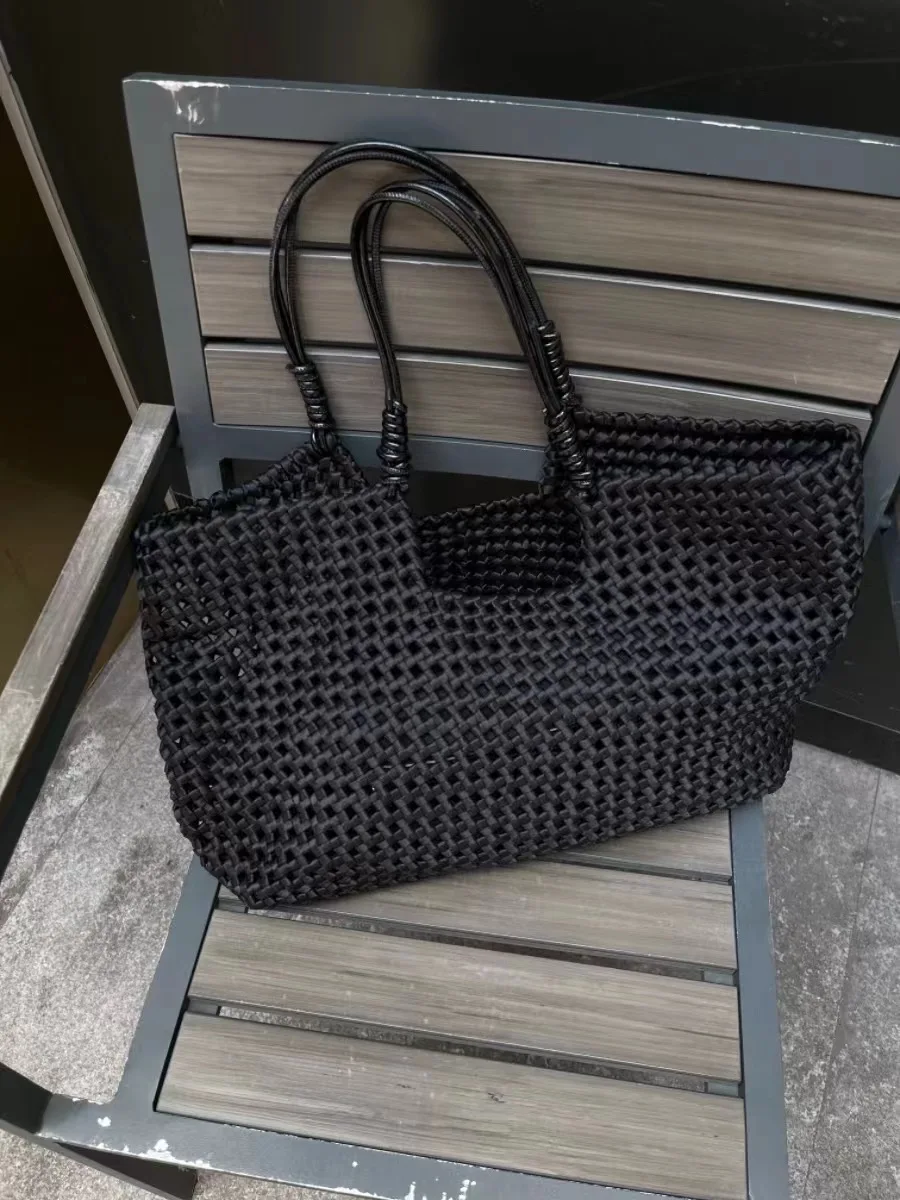 Large Capacity Hollow Tote Bag for Women 2024 Luxury Designer Brand Handwoven Handheld Shoulder Bag With Wallet Beach Bag Black