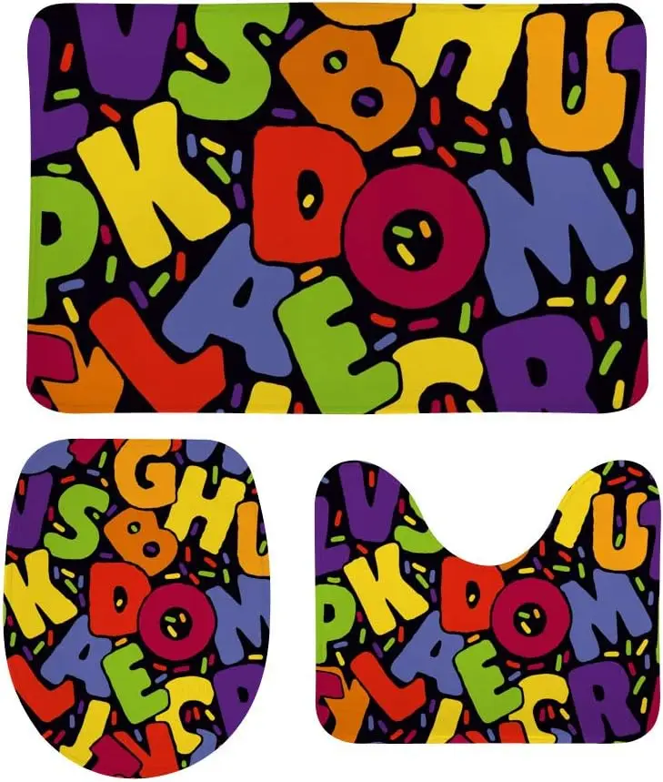 

Набор из 3 предметов, цветной алфавитный узор, коврик для ванной комнаты, нескользящий коврик, U-образный контурный коврик, О-образное сиденье для унитаза, впитывающий чехол