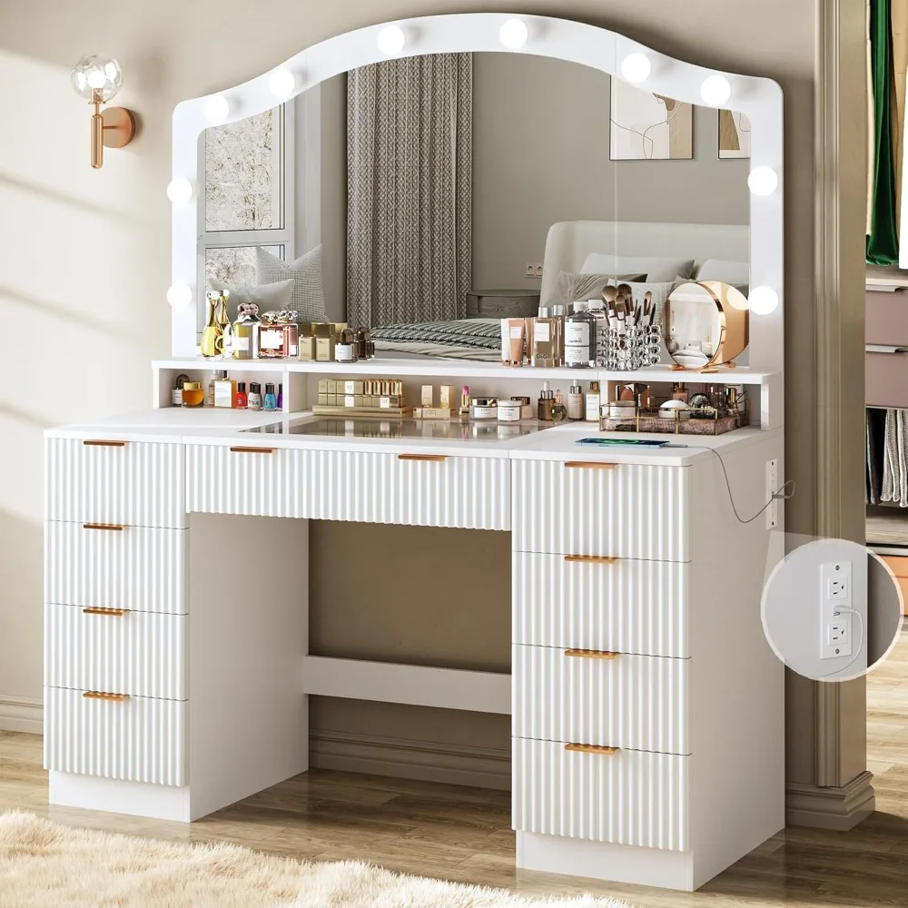 

46 Fluted Vanity Desk with Large Mirror and Lights, Makeup Vanity Desk with Glass Top & Power Outlet, 9 Drawers, 3 Colors
