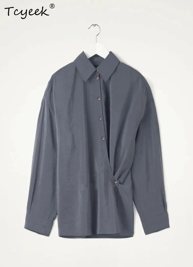 

Tcyeek 74.9%Real Silk Commute Shirt,Peak Lapels Twisted Diagonal Placket,Solid Long Sleeve,Simple Blouse,2024 Spring T41652QD