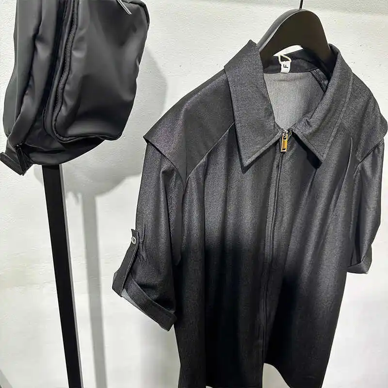 Fashionable High-Grade Non-Ironing Simple Short-Sleeved Shirt Men's Summer American Retro Loose Casual Versatile Zipper