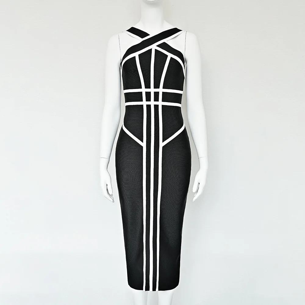 

HQBORY Luxury Criss Cross Contrast Bandage Dress Evening Women Slim Party Club Dress Lady Black And White Vintage Vestidos