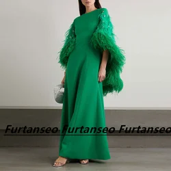 Green Evening Dress Customized Crew-Neck Draped With Feather Crystal A-Line Shawl Saudi Arabian Women's Formal Occasion Dresses