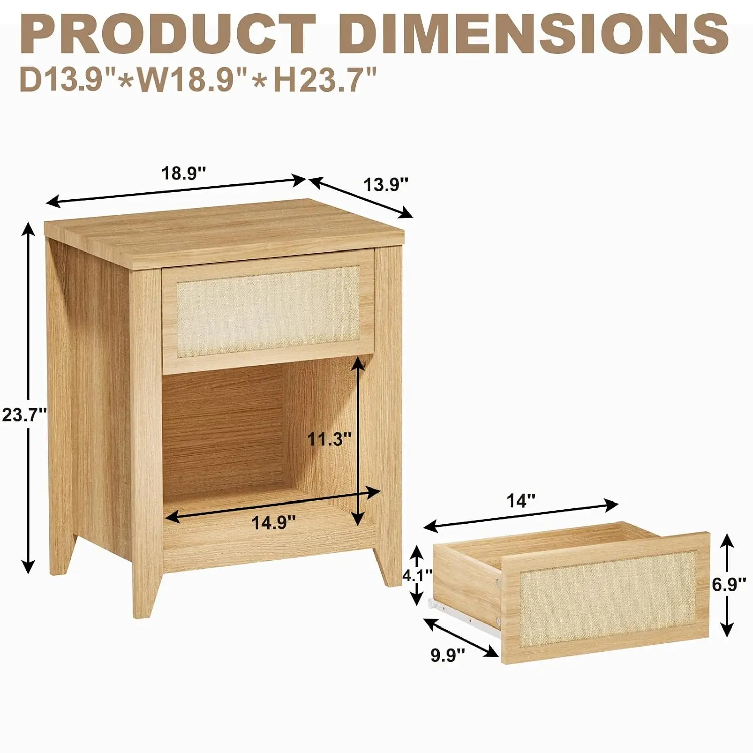 Boho Nightstands Set 2, Farmhouse Bedside Table with Drawer & Shelf Rattan End Table for Bedroom Office Small Space, Customized
