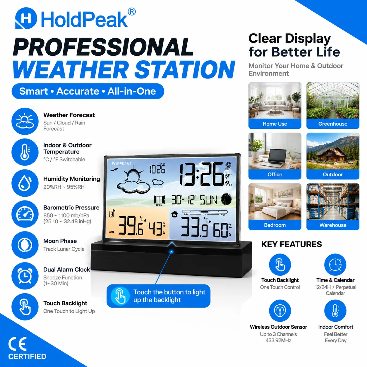 Weather Station Wireless Indoor Outdoor Thermometer Humidity 5-Level Comfort Forecast Alarm for Home