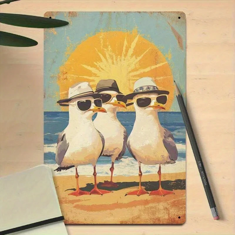 Whimsical Seagull Beach Iron Metal Tin Sign 8x12inch Coastal Wall Decorative Plaque