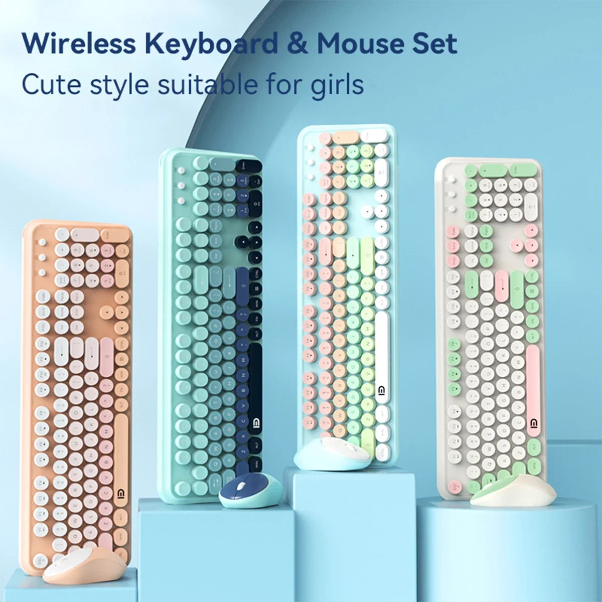 Wireless Keyboard and Mouse Set, 2.4GHz Colorful Cute Round Keycap Keyboard, Suitable for Office Computers, Desktops and Laptops