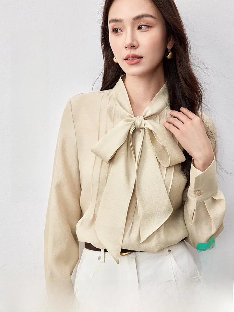 

Ele Commuter irt Women's Spring 2026 Long Sve Wool Blend Blouse with Bow Tie Dra Neline Polyester Lenzing Fiber
