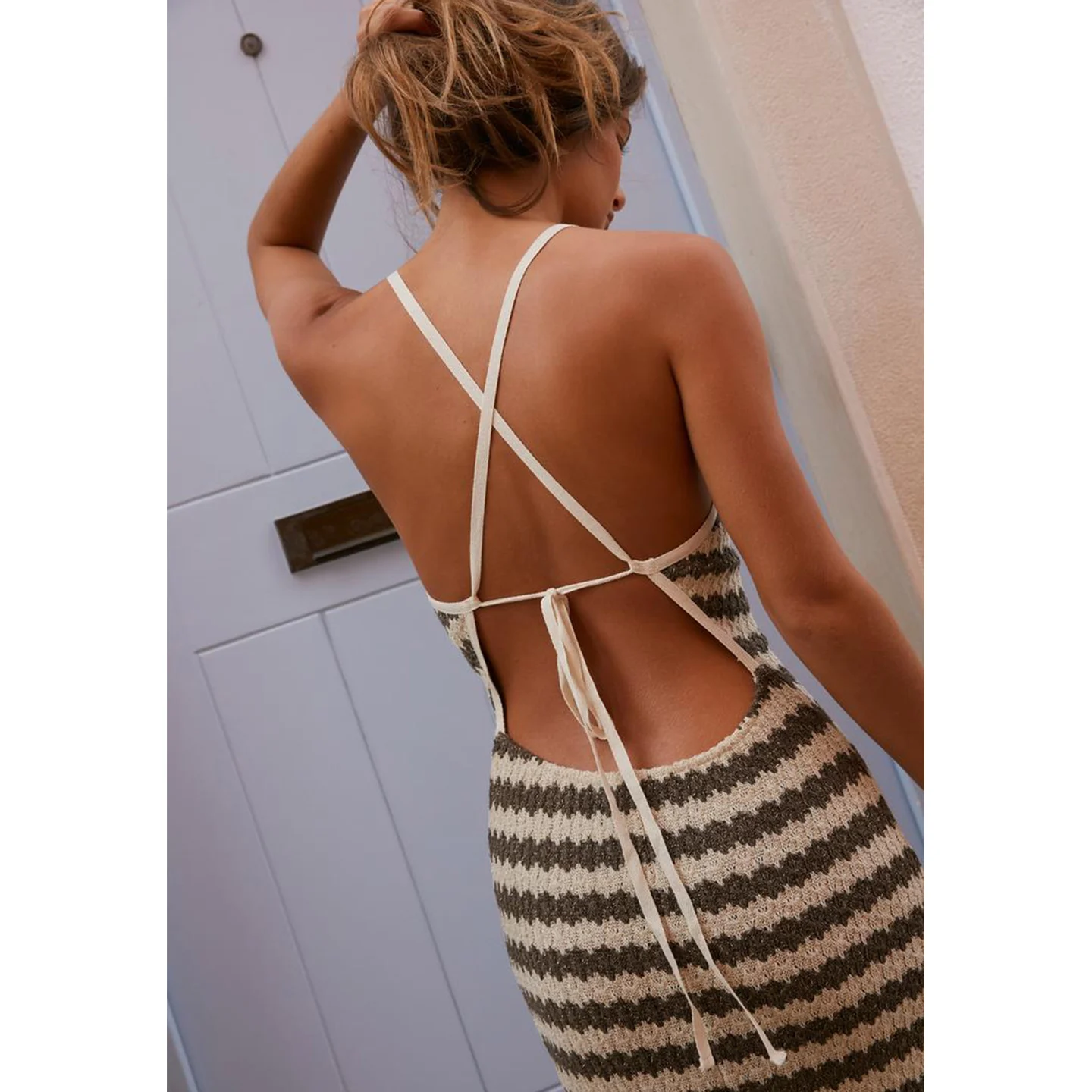 Summer Women's Bal Long Stripe Dr with  Knot Casual Sle X Version Svel Polyester Fiber Gown