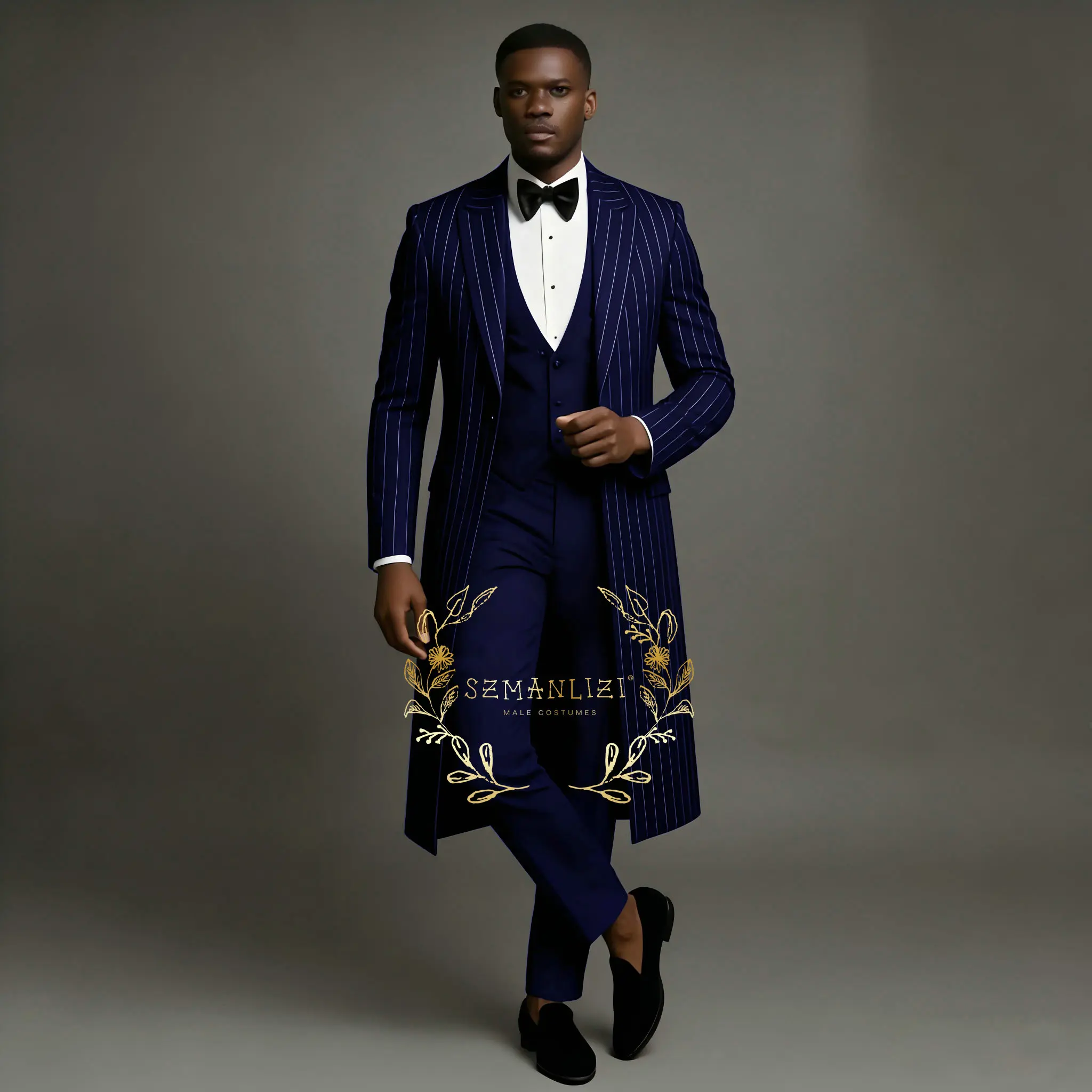 

Navy Blue Striped Suits For Men 3 Pieces Sets Single Breasted Groom Long Blazer Costume Homme Wedding Tuxedo Male Clothing Sets
