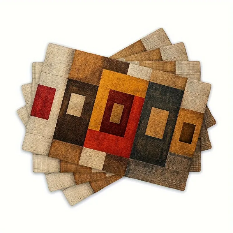 Vintage Geometric Block Placemats,Heat Insulation Pad,Decor Mats for Cabin Dining Table,Rustic Cafe Countertop