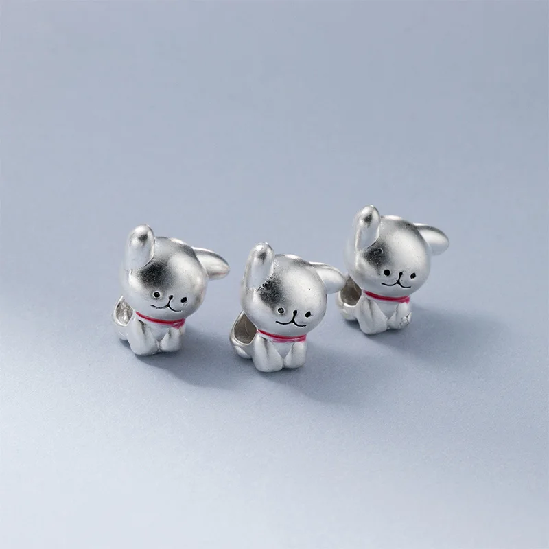 1pc 999 Pure Silver Standing Dog Big Hole Beads 11.5x10mm Rope Bracelets Hand Chains 3D Silver Puppy Spacer Charms DIY Jewelrys