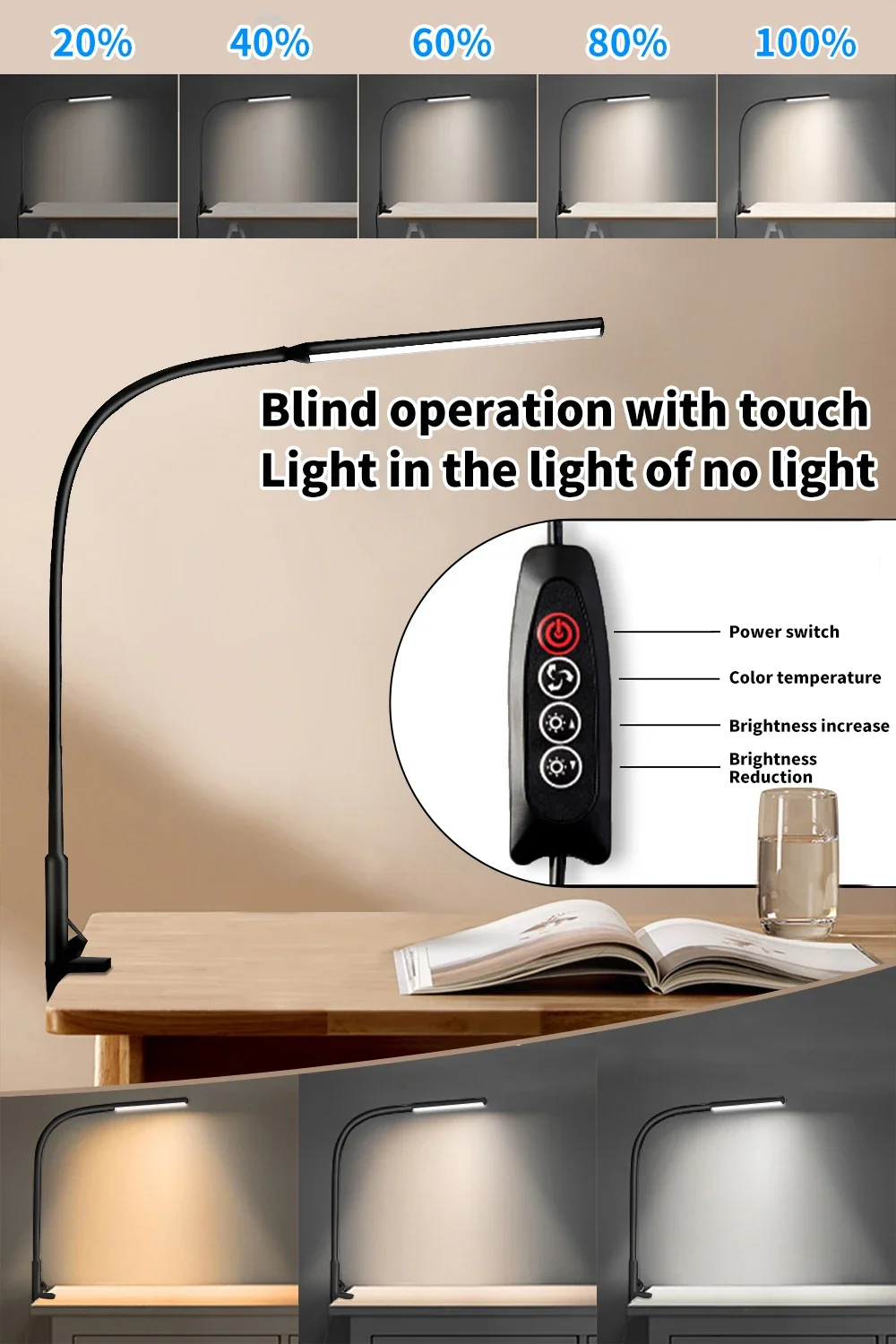 Настольная лампа, светодиодная лампа с поворотным кронштейном и питанием от USB, гибкий зажим на гибкой стойке, архитектурная лампа с регулируемой яркостью, 3 цветовых режима, настольная лампа