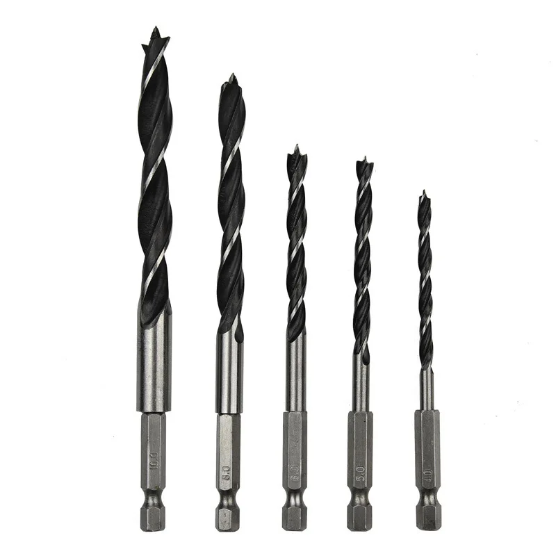 5PCS Three Point Wood Drill Bits Set 4/5/6/8/10mm Hex Shank for Precise Woodworking Power Tools Durable Twist Bits