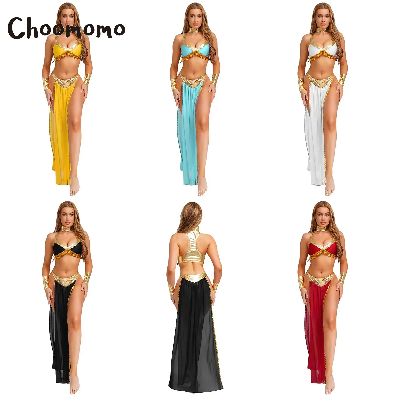 

Women Indian Belly Dance Costume Metallic Shiny Ancient Egyptian Queen Cosplay Dress with Collar Crop Top Chiffon Skirt Outfits