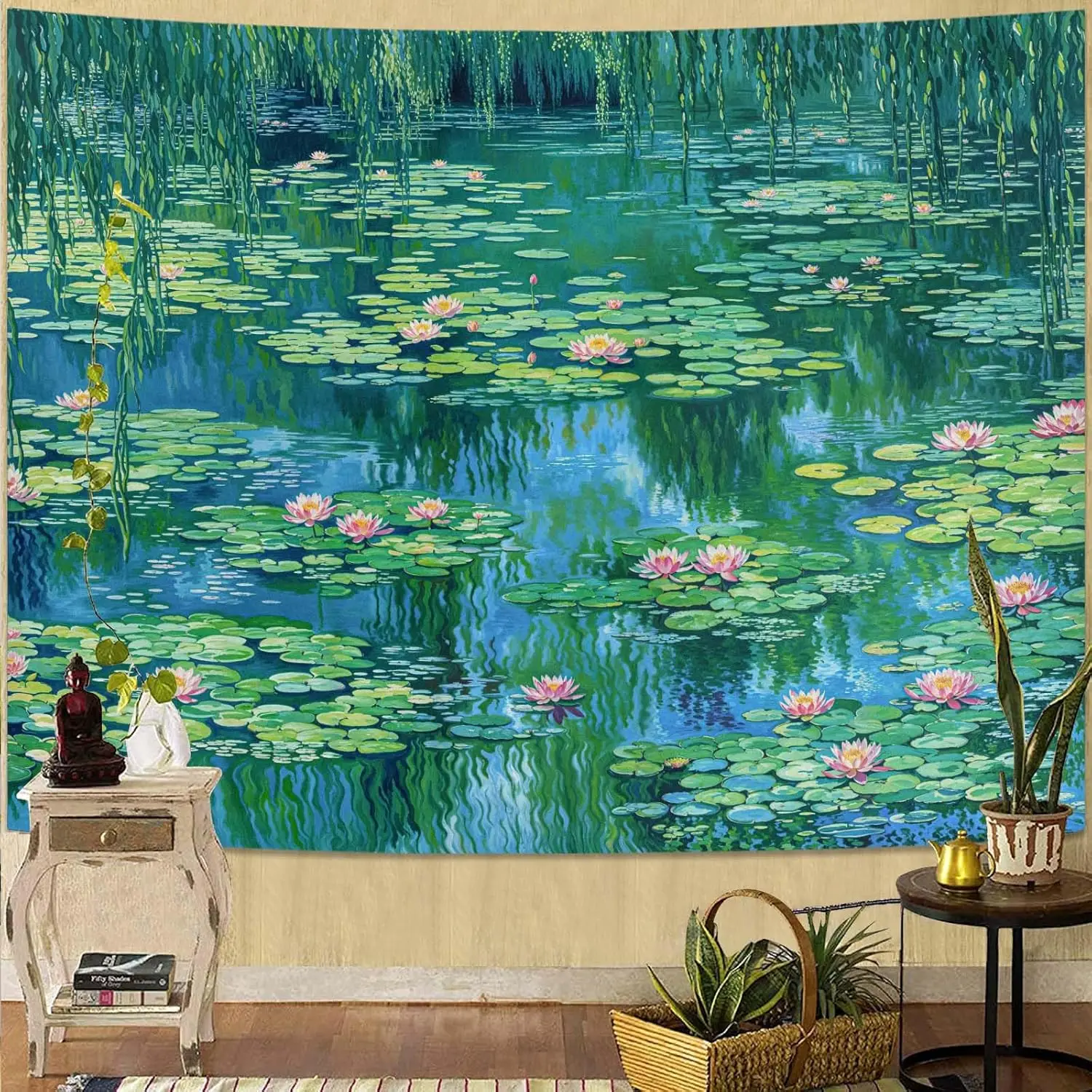Monet Water Lilies Tapestry, Impressionist Floral Wall Hanging with Pond & Willow for Bedroom, Living Room & Artistic Home Decor