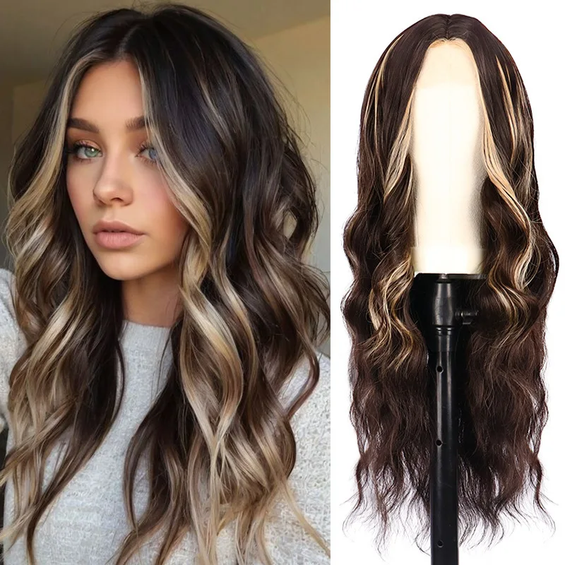 

European and American Style for Women, Small Front Lace Brown Highlighted Long Curly Hair Synthetic Wig