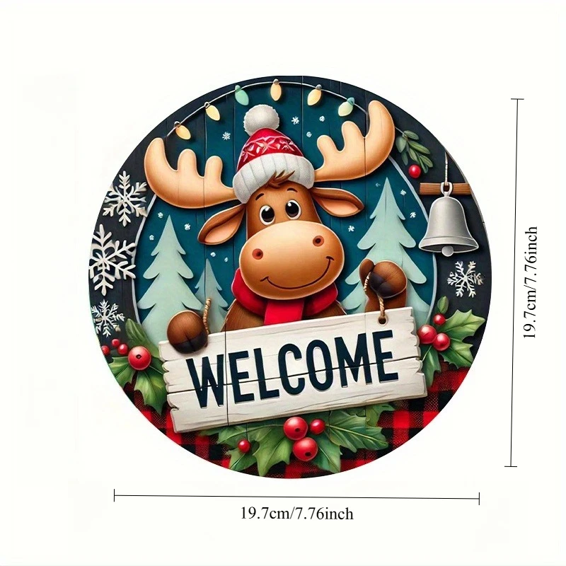 1pc Rustic Merry Christmas Sign, Iron Metal Welcome Wreath Plaque with Moose Design, Festive Holiday Wall Hanging Decor