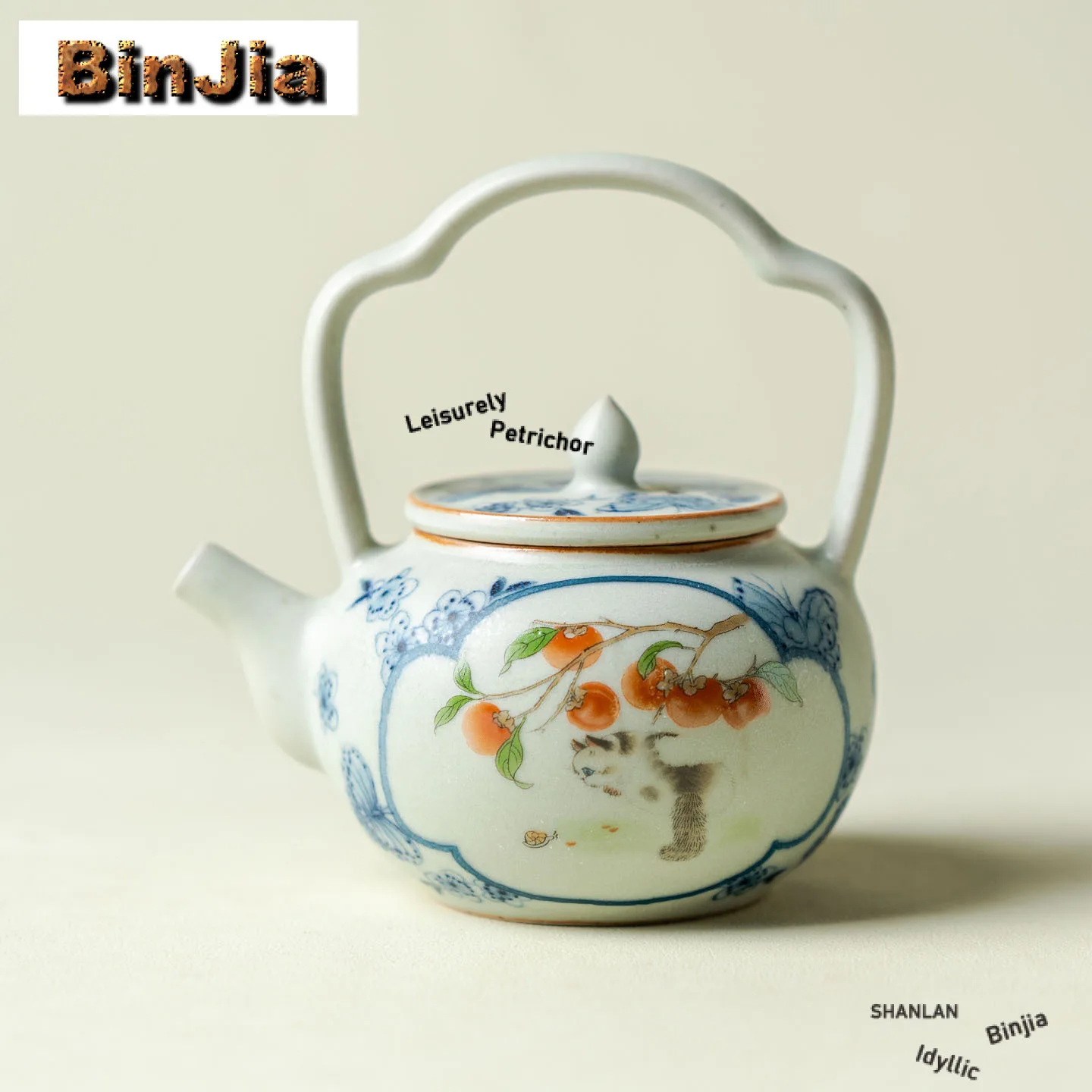 

150ml Hand Painted Persimmon Cat Lifting Handle Teapot Elegant Tea Infuser Pot Tea Making Kettle With Filter For Tea Collection