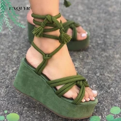 Sandalias de cuña con tiras cruzadas para mujer, zapatos informales de tacón alto, moda de verano, 2022