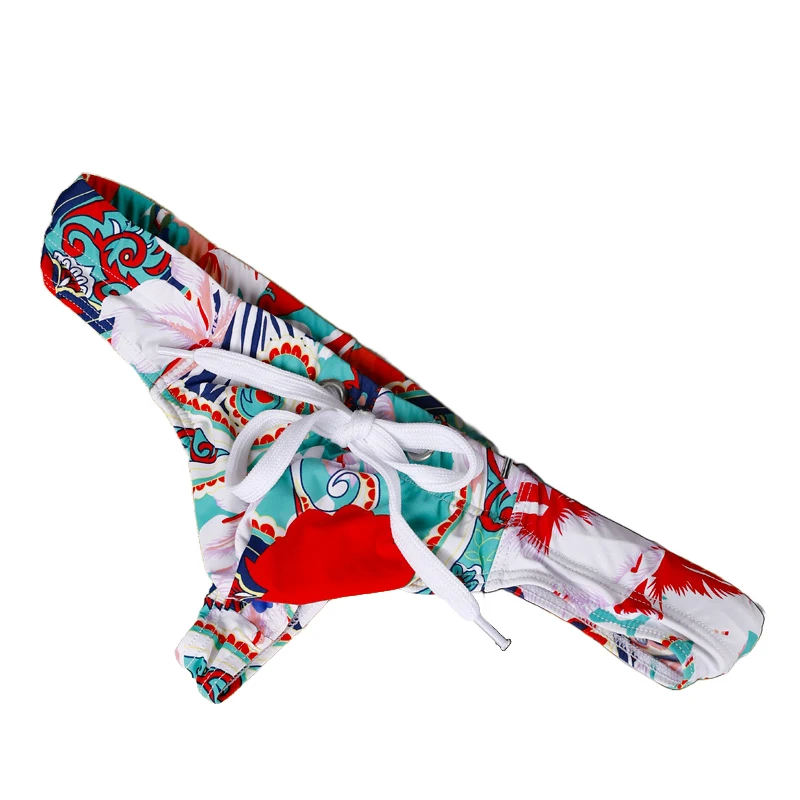 Mens Printing Swim Trunks Big Pouch Thongs Sexy Drawstring Quick Drying Leopard Swimwear T Back Bikini Beach Wear