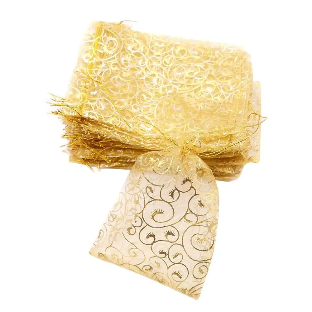 100/200 個シマーゴールドキャンディーバッグ巾着オーガンザバッグギフトバッグポーチクリスマス結婚式誕生日パーティー用