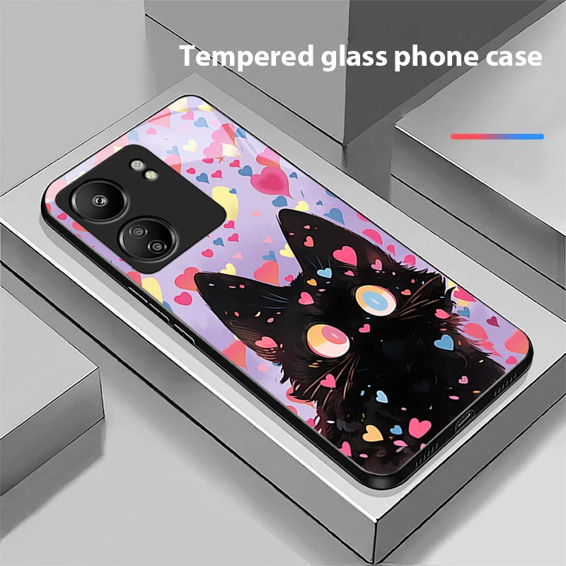 Cute Little Cat Black For Xiaomi Redmi 13C Note13 12 Pro Plus 5G Note 9 13T Pro POCO X6 F5 F6 Black Tempered Glass Phone Case