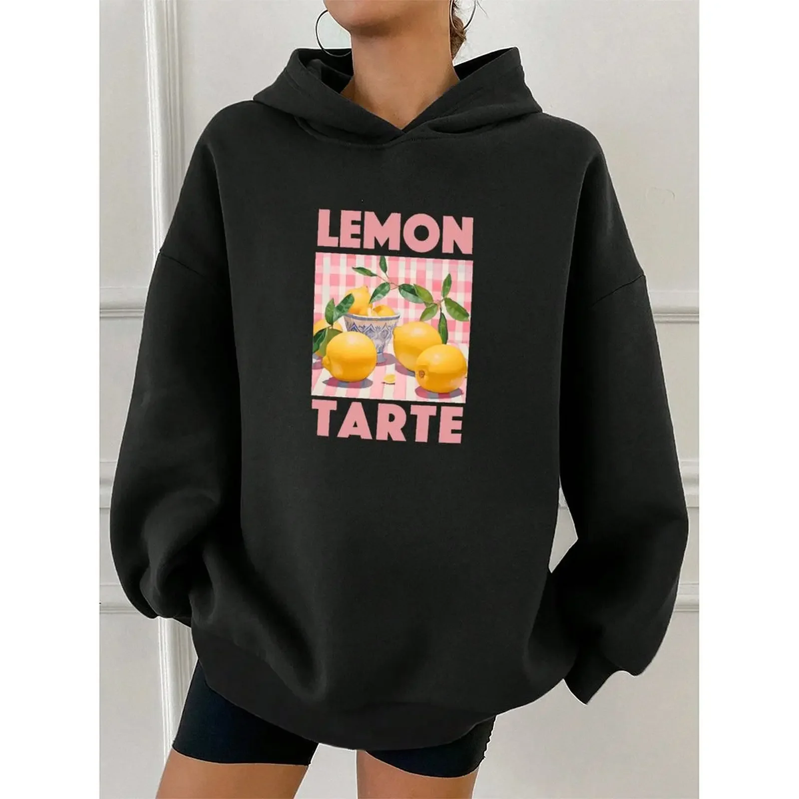 여성 긴팔 캐주얼 루즈 편안한 원단 프린트 신선한 과일 패턴 레몬 프린트 풀오버 후드티 가을 여성 의류