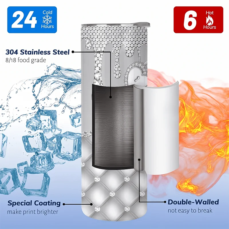 1pc 20oz Silver Satin Drip Rhinestone Quilted Pattern Stainless Steel Insulated Tumblers Coffee Office Travel Mug with Lid Cup Daily Use Leakproof And Bpa Free Keep Drink Hot And Cold Ideal Gift for Women Friends Family On Birthday Christmas Valent