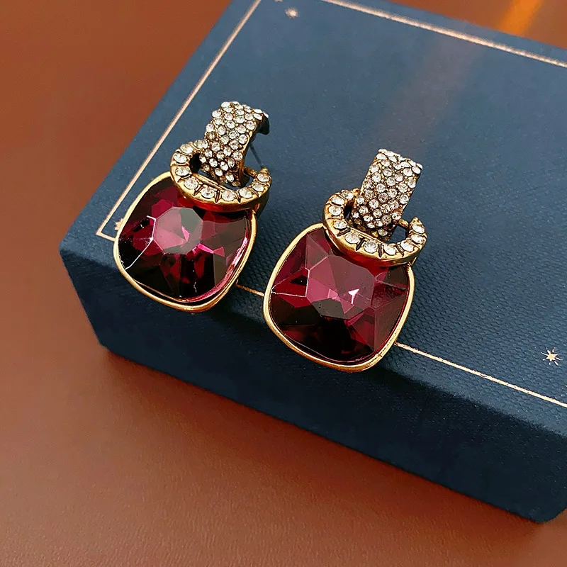 Purple Inlaid Rhinestone Square Geometric Earrings for Women European and American Light Luxury Temperament Wedding  Jewelry