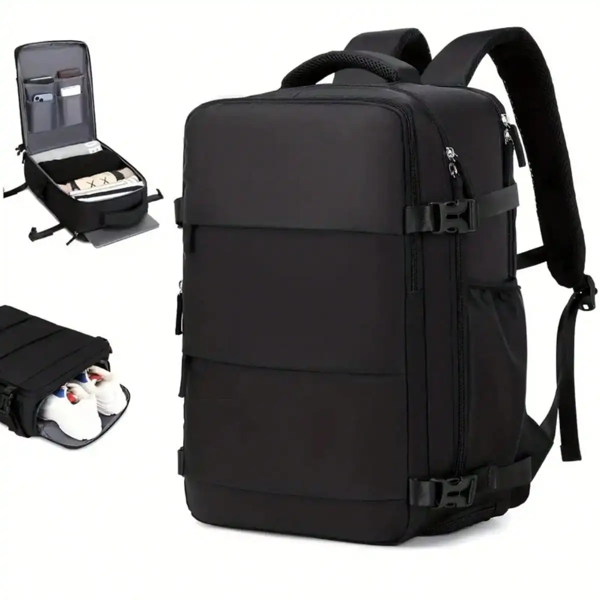 45L Expandable Travel Backpack with Shoe Compartment, Carry On Flight Approved Laptop Backpack with USB Charging Port, Waterproof Business Daypack for Men Women, Black