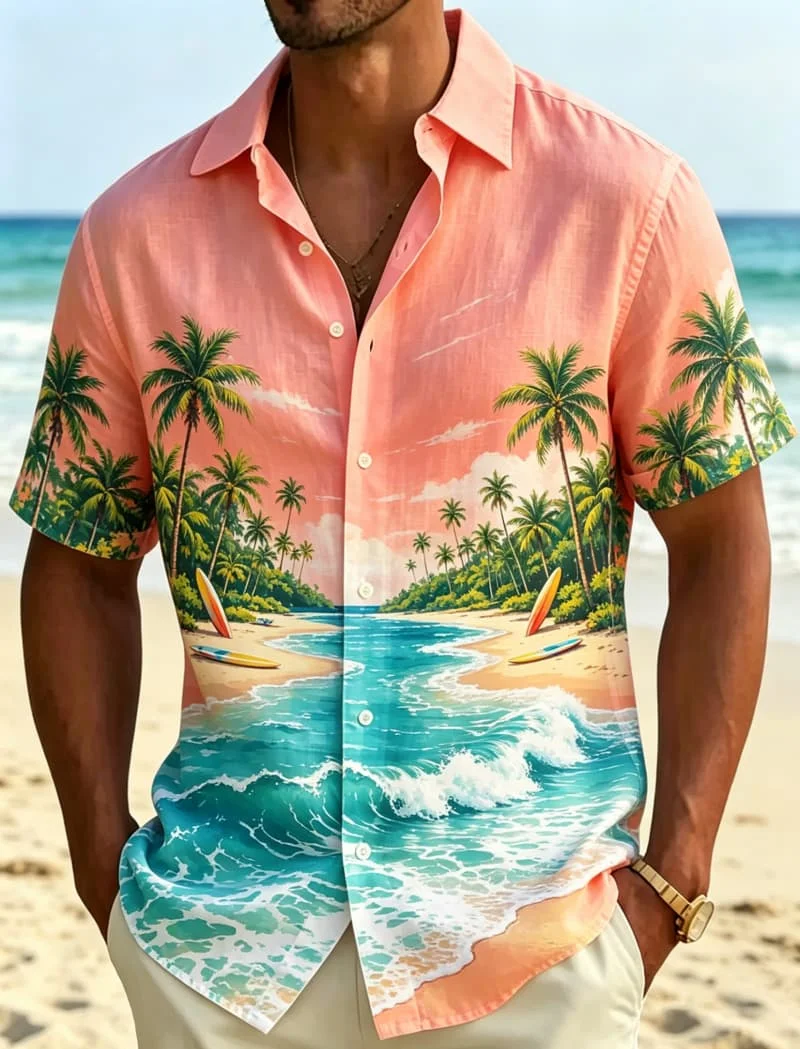 Men's tropical landscape printed casual shirt, tropical style, for tropical travel, outdoor exploration and daily outings