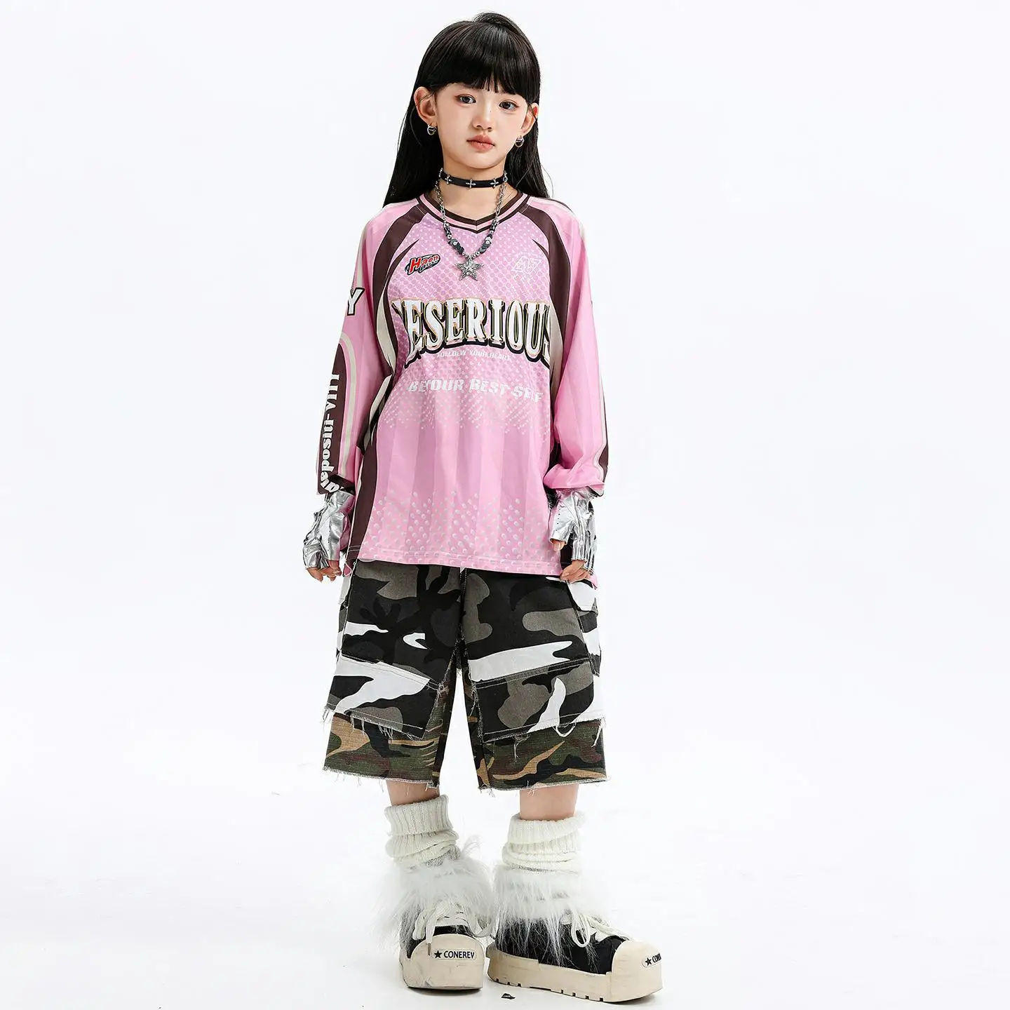 

Kid Kpop Hip Hop Clothing Pink Jersey T Shirt Top Color Block Camo Cargo Shorts Middle Pants for Girl Boy Dance Costumes Clothes