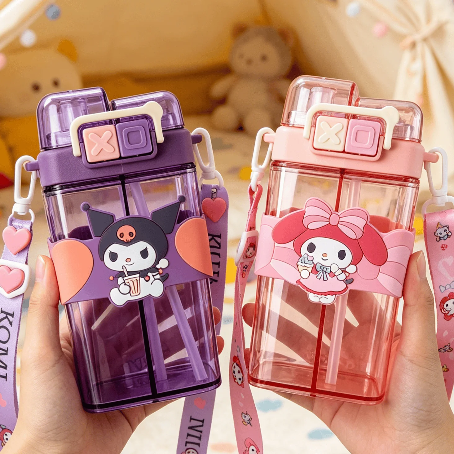 550ml Cute Sanrio Double Storage Water Bottle Kuromi cup with Strap High Appearance Large Capacity Square Water Bottle Portable