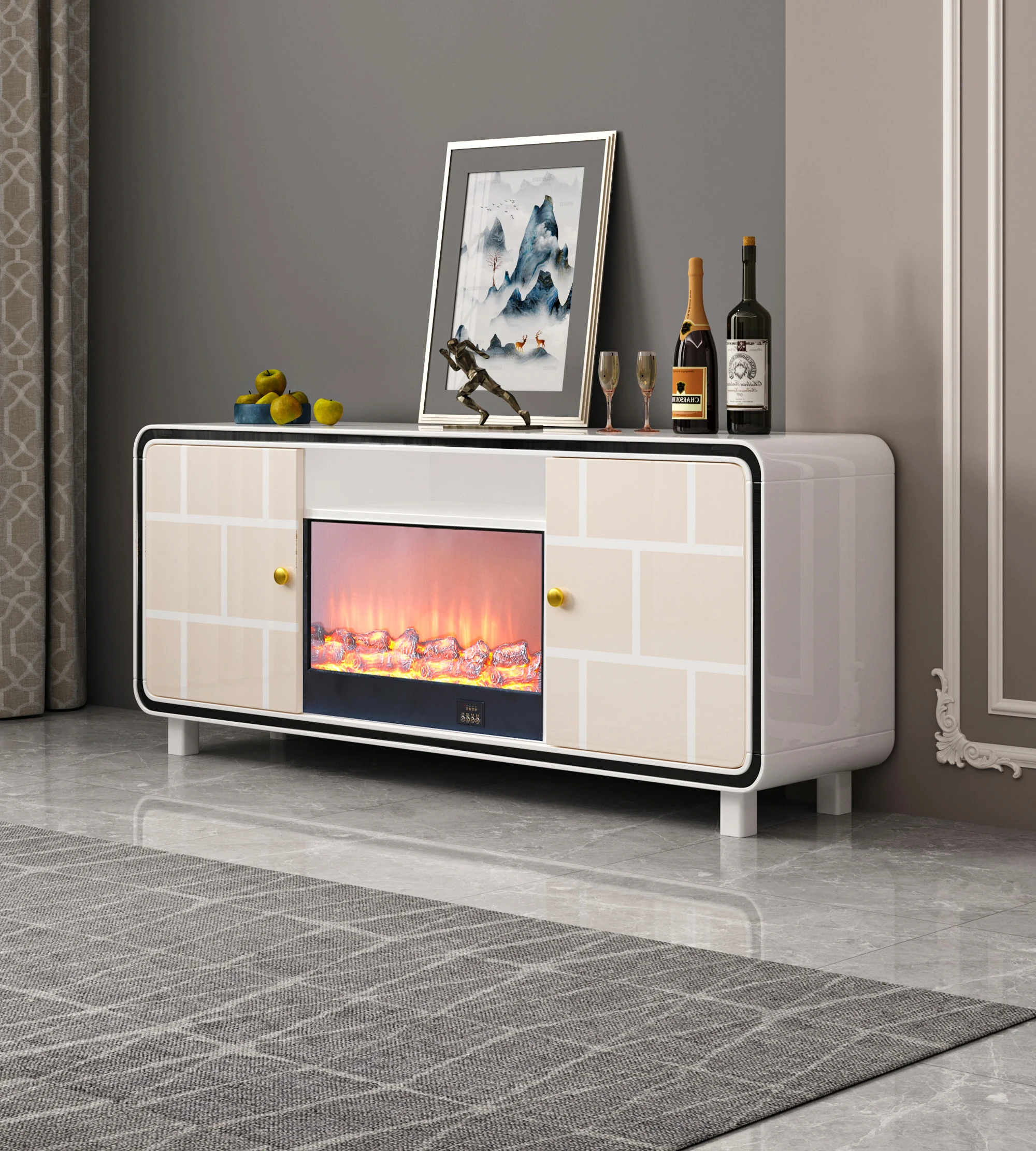 Ekintop Decor Flame Electric Fireplace Mirrored Wooden Tv Cabinet Stand For Home