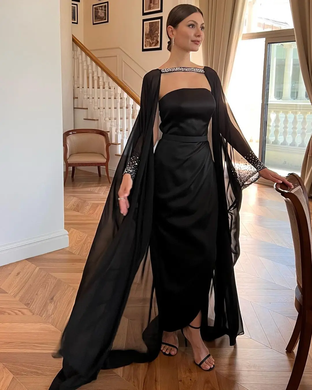 Strapless Prom Dresses 2023 With Cape Beads Elegant 2-Piece Ankle-length Long Sleeves Formal Dresses Robes De