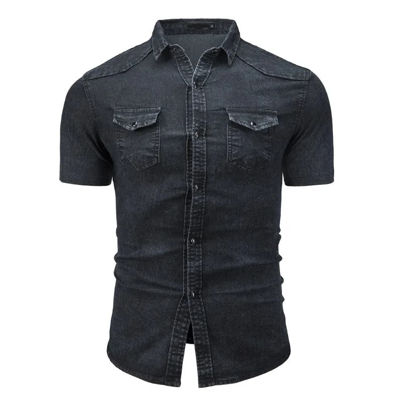 New Shirt for Men's Foreign Trade, European and American Denim Clothing, Men's Denim Short Sleeved Shirt,