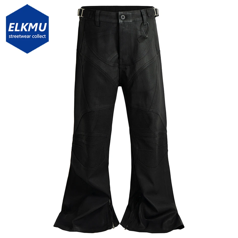 

Wax Printed Hi Street Jeans Pleated Patchwork Black Flared Denim Pants Men Streetwear Harajuku Hip Hop Baggy Jeans