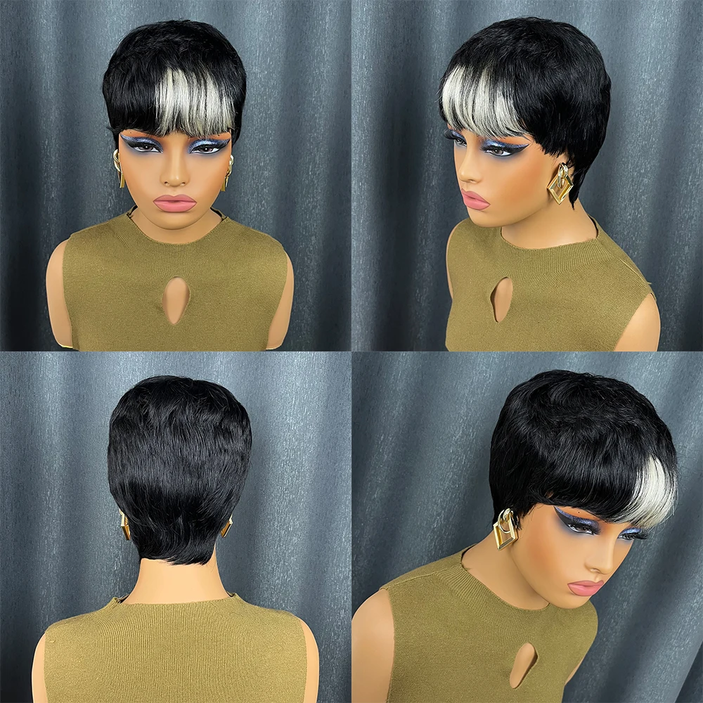 Cinza destaque curto pixie corte peruca de cabelo humano peruca reta com pré arrancado franja cabelo remy brasileiro para mulher máquina feita boné