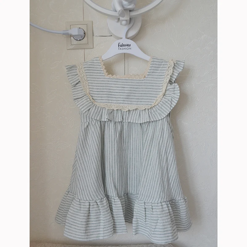 Girl Clothes Summer Baby Girls Striped Plaid Flying Sleeve Birthday Party Dress Cotton Children Elegant Ruffled Clothing Dresses