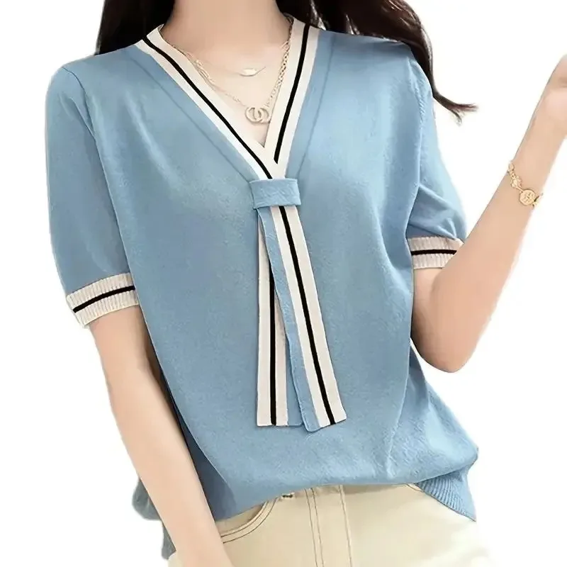 Pullover Sweater Contrast Trim Tie-neck Casual Short Sleeve Korean Fashion Style  Knit Top for Spring Summer Women's Clothing