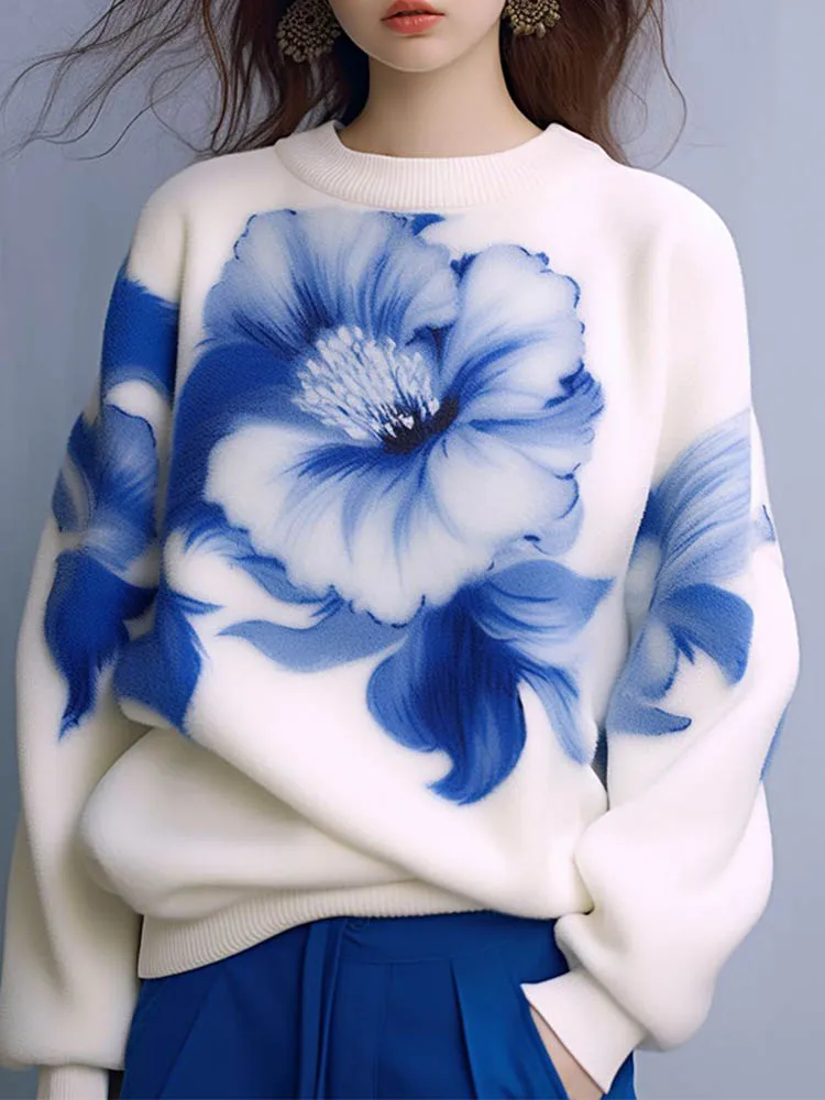 Casual Round Neck White Seahorse Hair Print Blue Flower Sweater 2024 Autumn New Fashionable Women'S Clothing