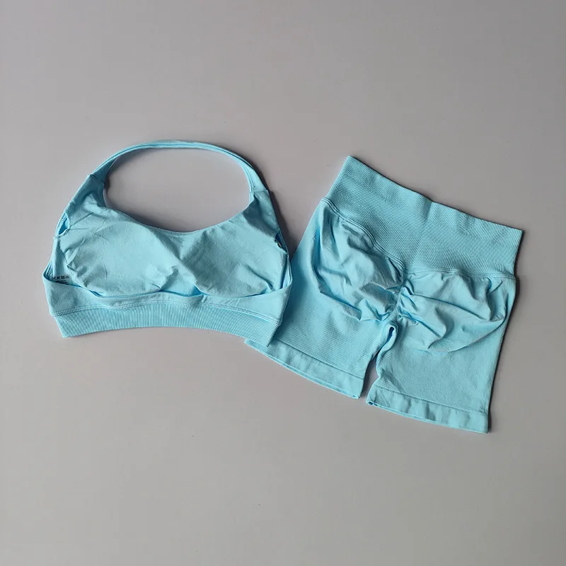 Dámská fitness souprava - sexy sportovní podprsenka s volným zadkem a kraťasy na jógu s vysokým pasem, fitness souprava na běhání v posilovně - náhled 6