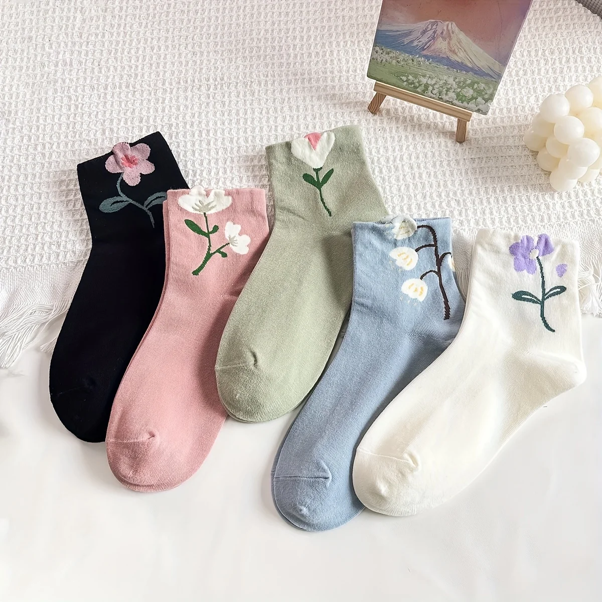 5 Pairs Cute Candy-Colored Tulip Patterned Socks for Girls Autumn Winter Casual Breathable Mid-Calf Long Socks Multicolor