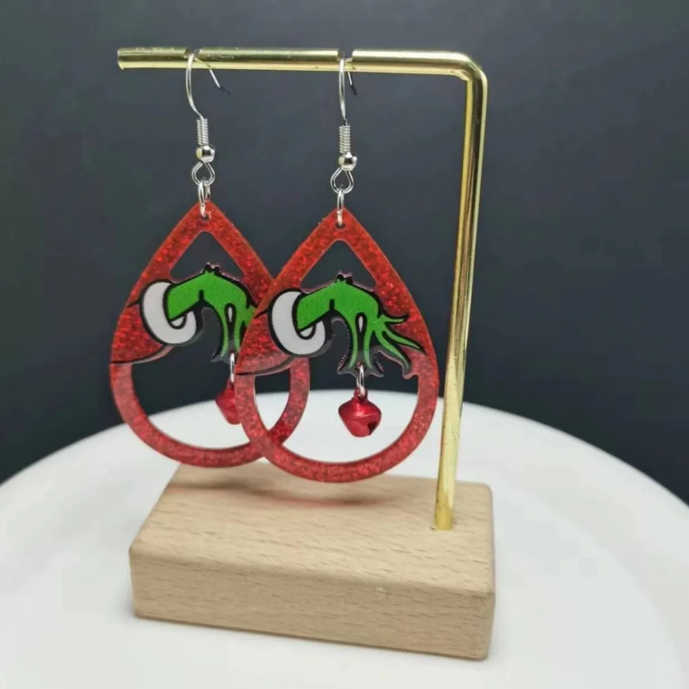 عيد الميلاد 2D شقة HOHOHO أقراط الكرتون مضحك اليد جرس الاكريليك قلادة أقراط للنساء حزب الديكور مهرجان المجوهرات #1